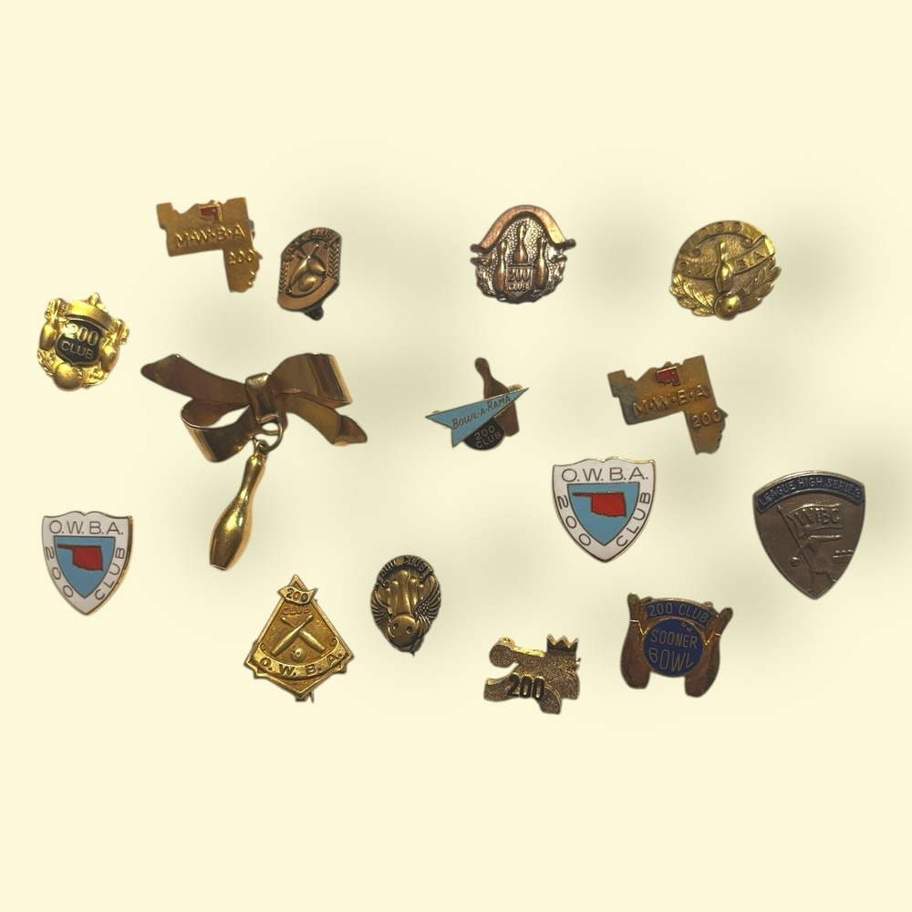 Vintage Bowling Lapel Pin Lot of 15 • 200 Club Awards OWBA WIBC Sooner Bowl
